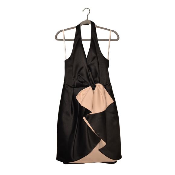 HALSTON HERITAGE $495‎ Black Beige Satin Halter Cocktail Dress Ruffle Front 6 - Picture 1 of 3